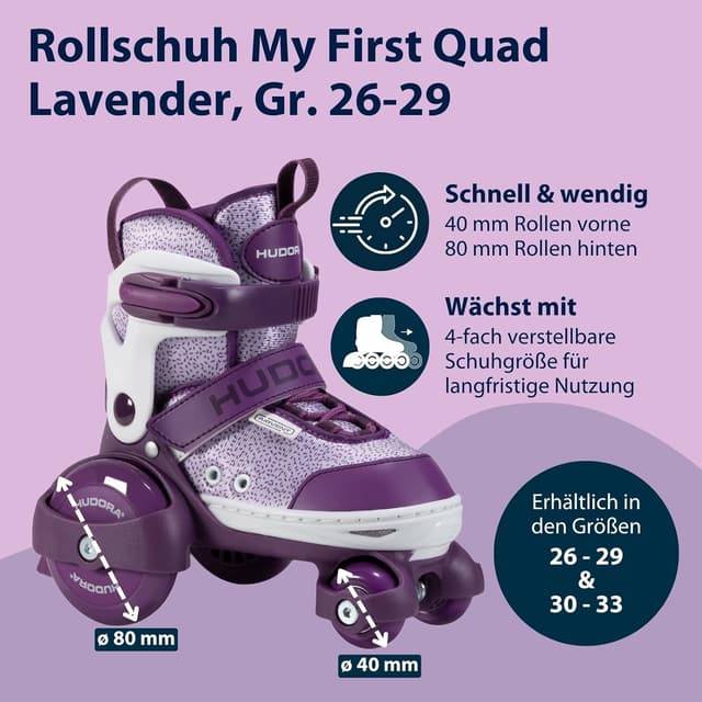 Detalle 2 de HUDORA Rollschuh „My First Quad“ (Größe 26–29) – Lavender – einsteigerfreundliche verstellbare Kinder-Rollschuhe bis 20 kg