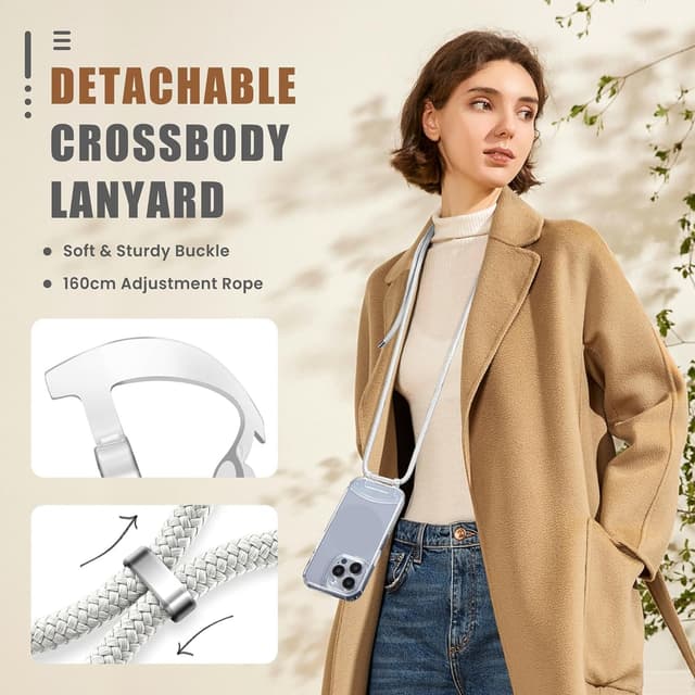 Detalle 2 de OLEPHY Handykette mit Band für iPhone 16 Pro Max Hülle (verstellbar, abnehmbar) – transparente Case mit Kordel zum Umhängen, schwarz