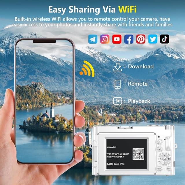 Detalle de 4K Digital Camera for Photography with Autofocus, 64MP WiFi Vlogging Camera (3" 180° Flip Screen) + 2 Batteries, White