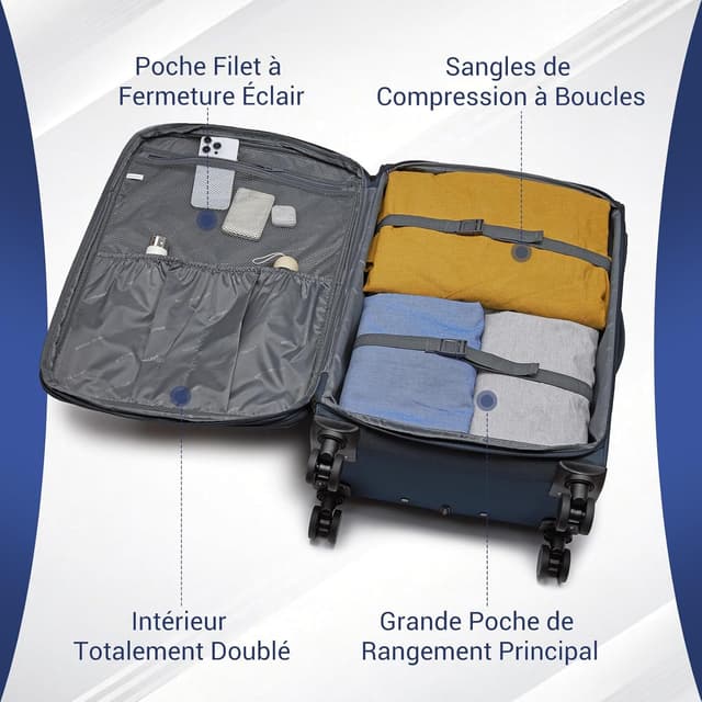 Thumbnail 6 de British Traveller Valise cabine souple 57,5×37,5×25,5 cm – 40,6 L, 4 roues 360° TSA, marine