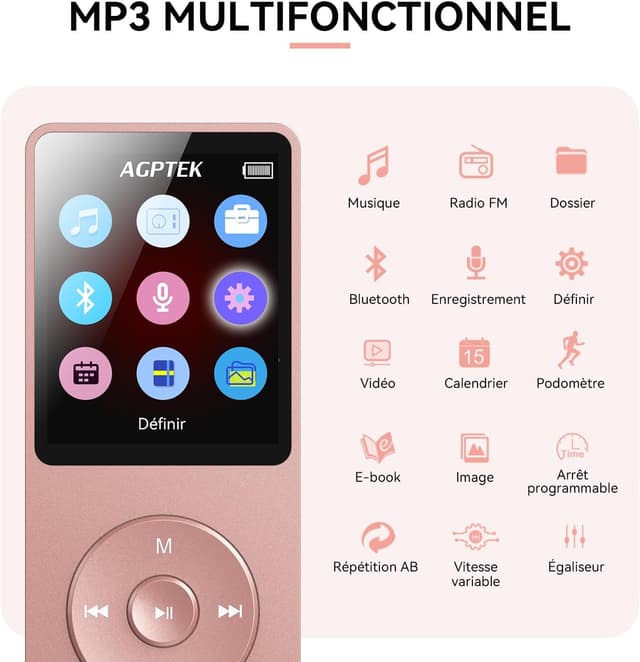 Detalle 2 de AGPTEK Lecteur MP3 32 Go Bluetooth 5.3 Rose