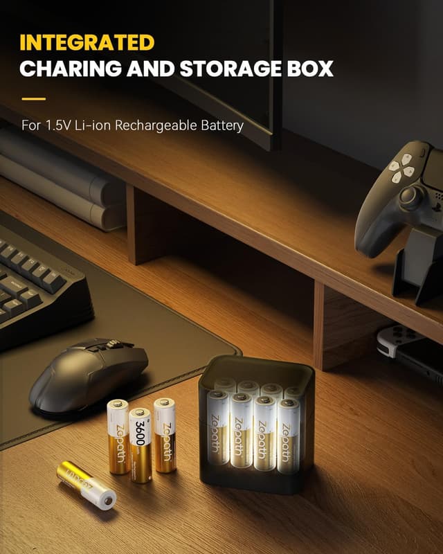 Detalle de Zepath rechargeable lithium AA batteries 12-pack with charger and storage box (1.5V, 3600mWh)