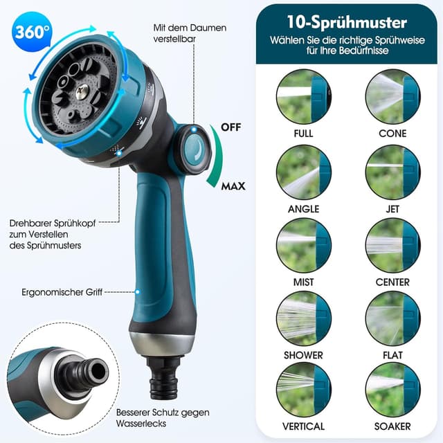 Detalle 2 de JUNEBOW® Gartenschlauch 30 m Flexibel Wasserschlauch mit 10-Funktionen-Sprühkopf