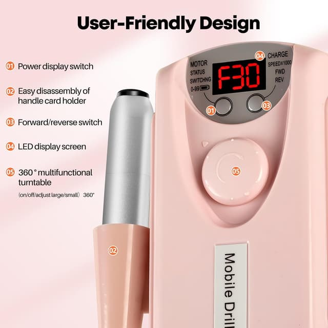 Detalle de Droyek Portable Electric Nail Drill Kit (30,000 RPM) with 13 Drill Bits & 50 Sanding Bands for Acrylic, Gel, and Extensions