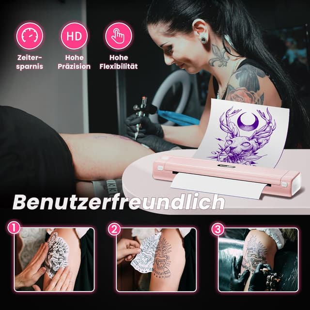 Detalle de TATTMUSE Tattoo Drucker Bluetooth A887 – Schablone für Tattoo Transfer, inkl. 10 Papier (rosa)