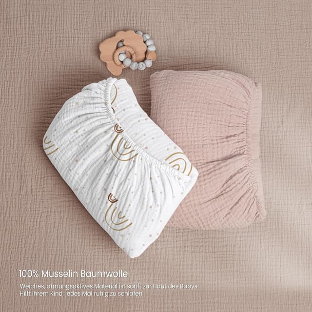 Detalle de lulumoon 2er-Pack Musselin-Spannbettlaken 60x120/70x140 cm aus Oeko-Tex Baumwolle (Regenbogen Rosa)