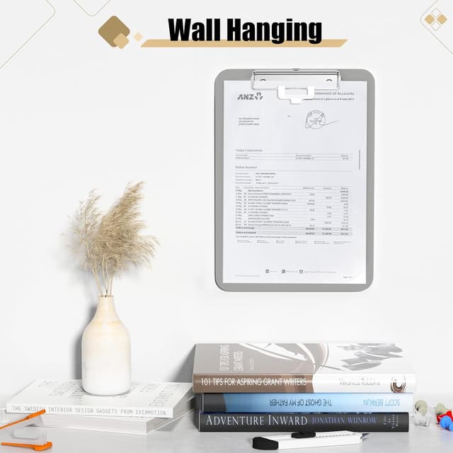 Detalle 2 de Hnogri Kunststoff-Klemmbrett Standard A4/Letter (12,5 × 9 Zoll) mit Stifthalter, flachem Clip – Grau