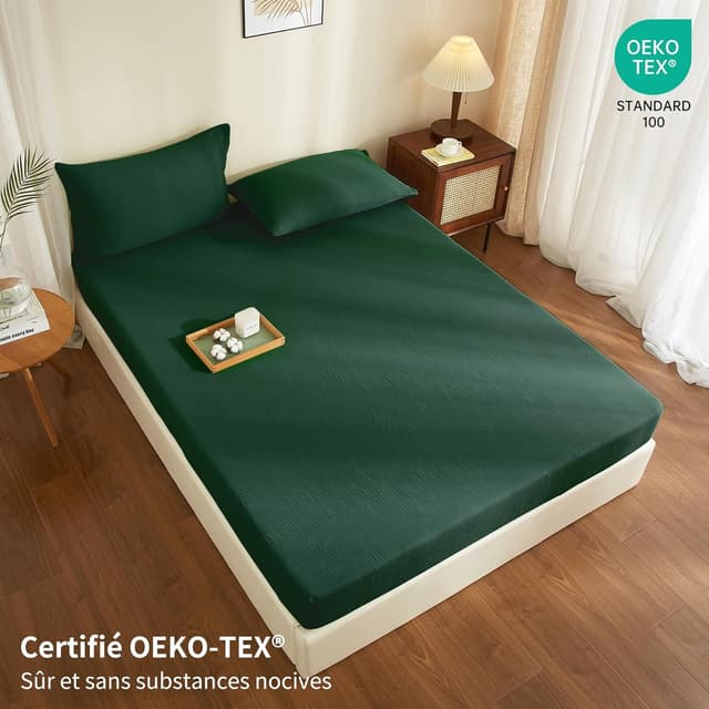 Thumbnail 6 de YASMENG Drap-housse 180x200 en gaze de coton certifié Oeko-Tex, vert foncé, bonnet 30 cm