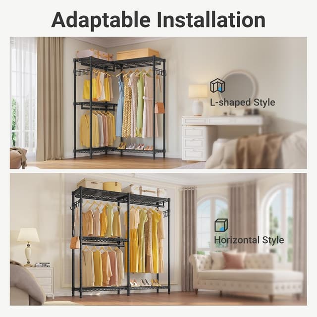 Detalle de VIPEK L4 L-Shaped Garment Rack for Corner Storage with 3 Hanging Rods, 2 Side Hooks (Freestanding)