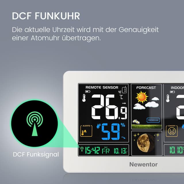 Detalle de Newentor Funk-Wetterstation mit Außensensor, DCF-Funkuhr und Wettervorhersage – inklusive Netzbetrieb