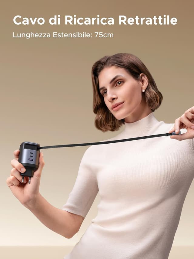 Detalle 2 de UGREEN Nexode Caricatore USB-C 100W GaN con cavo retrattile e 4 porte