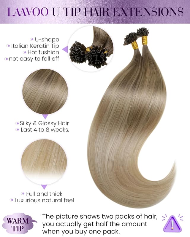 Detalle 2 de LaaVoo Bondings Extension Echthaar (55 cm) mit Keratin-Bondings – Balayage Blond Ombre, 50 g, U-Tip