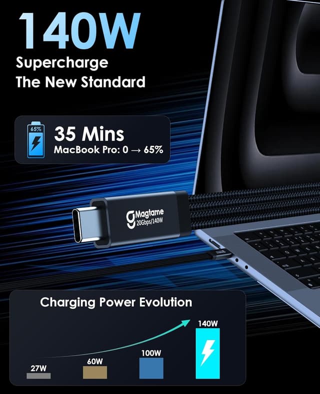 Detalle 2 de Magtame magnetisches USB‑C zu USB‑C Kabel mit 20 Gbps, 8K@60 Hz und 140 W PD