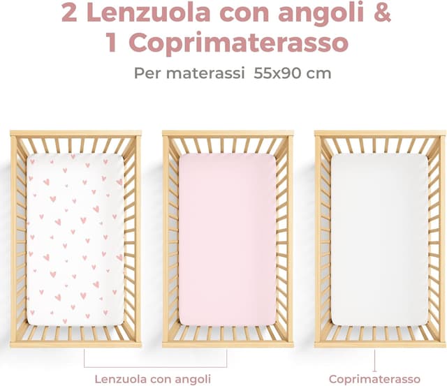 Detalle de Dreamzie set 3 pezzi per culla/neonato: 2 lenzuola in cotone + 1 coprimaterasso impermeabile 55x90 cm