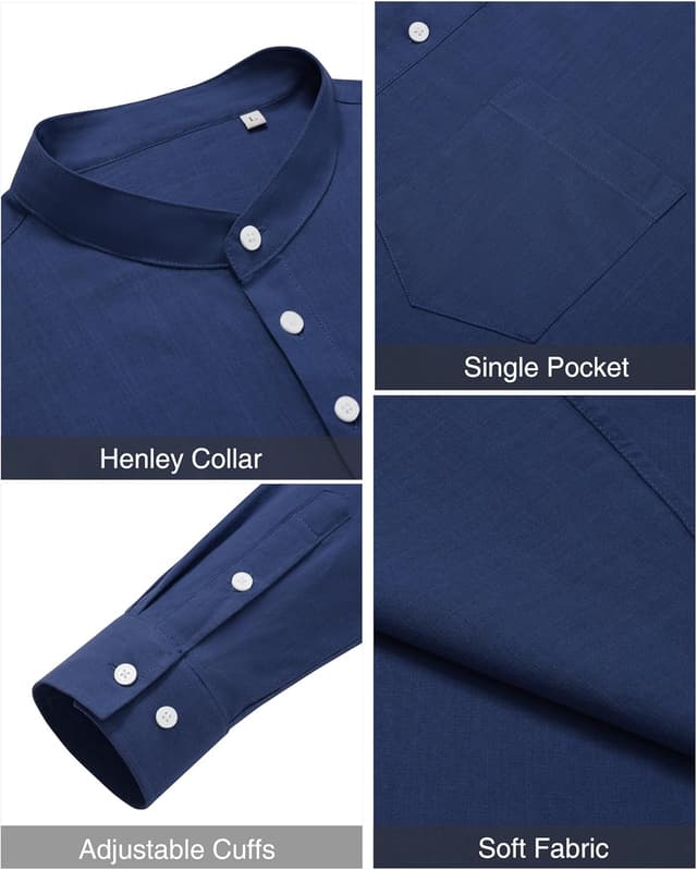 Detalle de J.VER Linen Shirts for Men Long Sleeve Regular Fit Casual Henley Shirt with Pocket