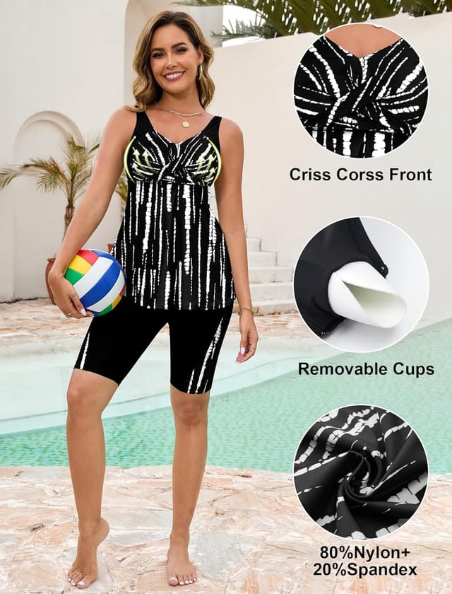 Detalle de Arolina Plus Size Two-Piece Modest Tankini Swimsuit with Shorts (Tummy Control)