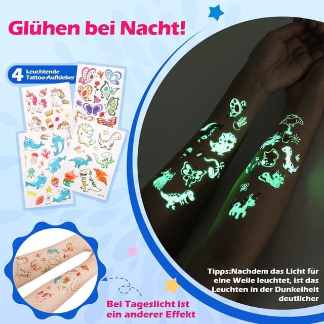 Detalle 1 de Bledras Glitzer Tattoo Set für Kinder – 42 Farben, 210 Schablonen & Strass zum Aufkleben
