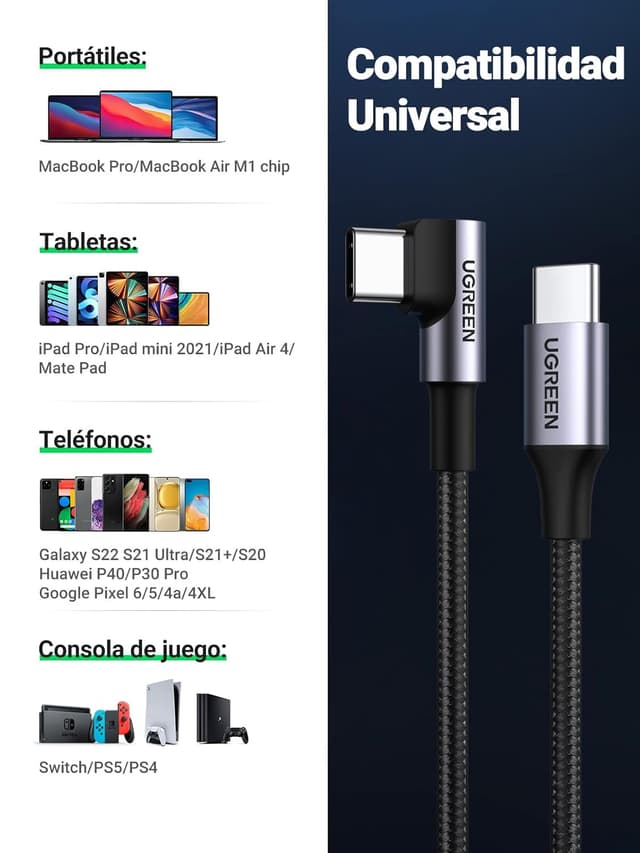 Thumbnail 7 de UGREEN Cable USB C 3A, 60W Rápido 90° ⚡ para iPhone y Galaxy
