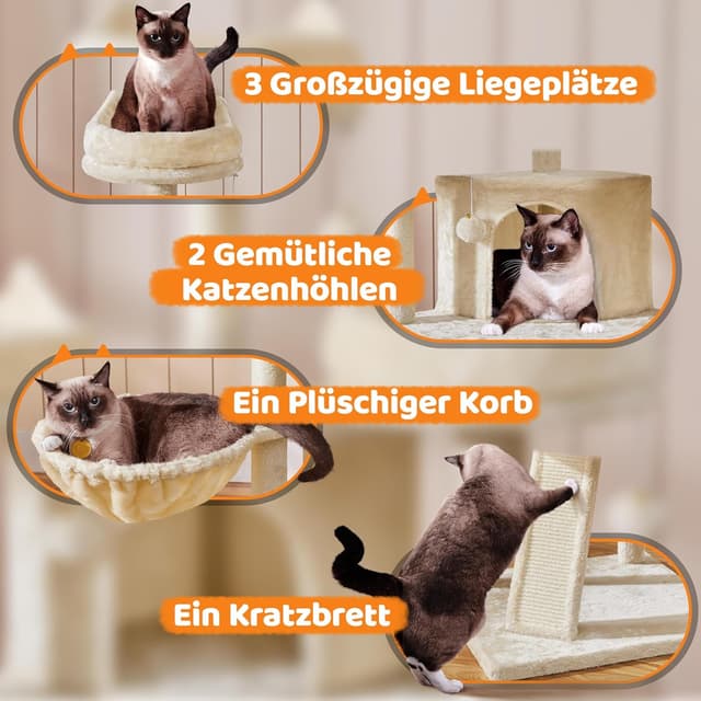 Detalle 2 de Yaheetech Kratzbaum 174 cm mit 3 Aussichtsplattformen und Spielhaus (beige)