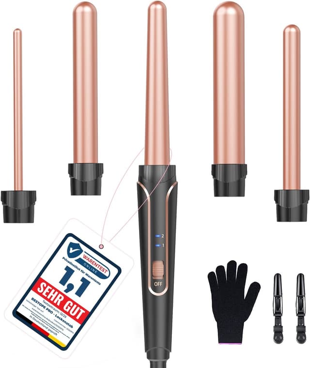 Detalle de BESTOPE PRO 5-in-1 Lockenstab-Set mit Wellenaufsatz – Wellenlockenstab für alle Haartypen, 5 Barrel, Keramik, 2 Temperaturstufen