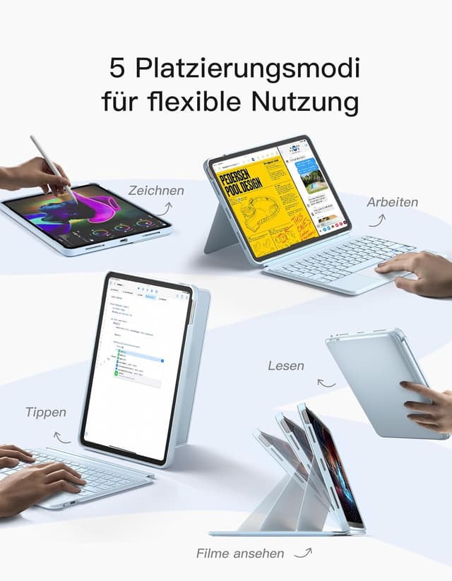 Detalle de Inateck Tastatur-Hülle für iPad (A16 11 Zoll & iPad 10. Gen 10,9 Zoll, QWERTZ) mit Touchpad und 7-farbiger Beleuchtung – KB04112