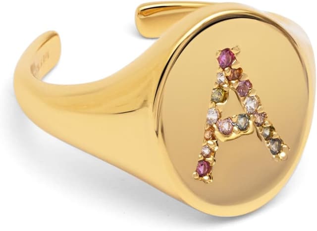 Detalle de SINGULARU Anillo Signet letra R, baño 18 Kt 💍