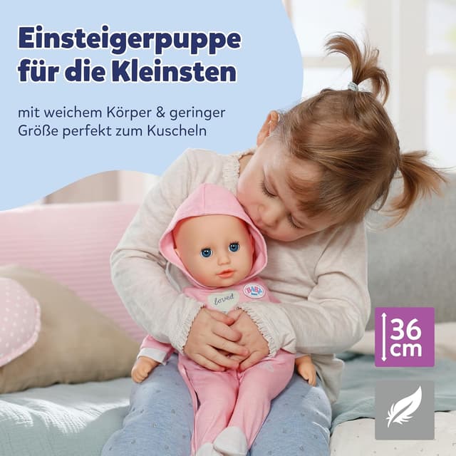 Detalle de BABY born Hannah Spiel mit Mir – Babypuppe mit 5 Funktionen, weicher Stoffkörper und Zubehör, 36 cm