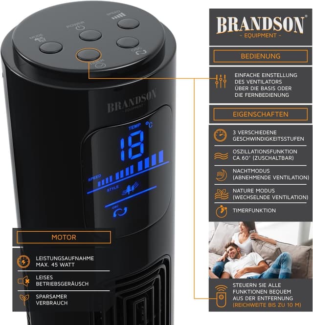 Detalle de Brandson Turmventilator mit Fernbedienung (96 cm) – leiser Stand-Lüfter mit Oszillation & Timer