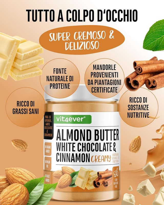 Detalle de vit4ever Burro di mandorle Cioccolato bianco e cannella (1 kg) ad alto contenuto proteico