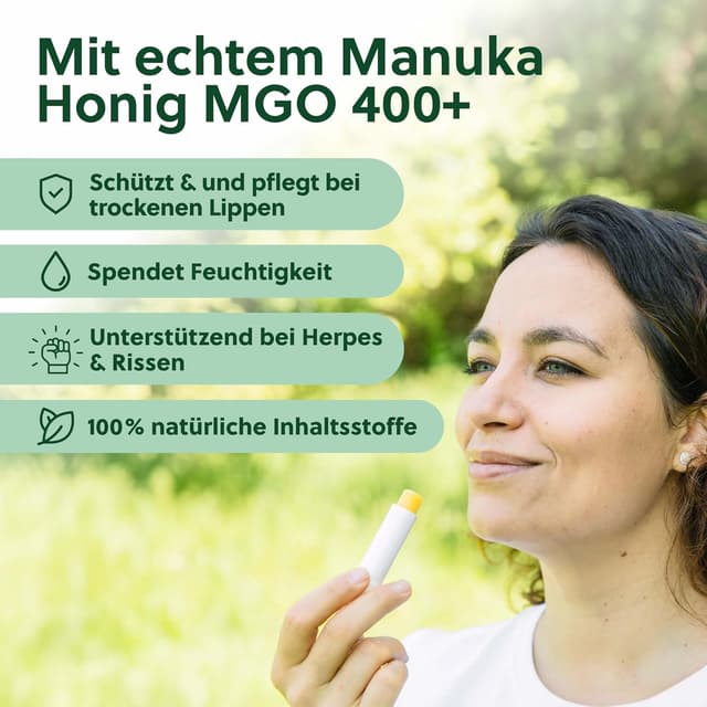Detalle 2 de beegut Manuka Lippenpflege mit Manuka Honig MGO 400+, Propolis & Bienenwachs – intensive Pflege für sehr trockene Lippen