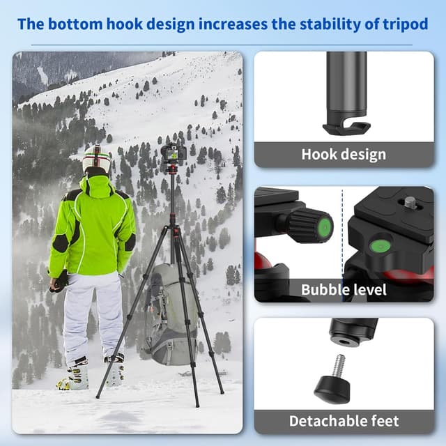Detalle de XXZU 74” Camera Tripod (Aluminium) with 360° Ball Head, Quick Release Plate, Phone Holder – Tripod/Monopod