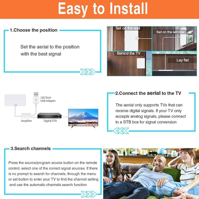 Detalle 2 de Amazqi TV Aerial Indoor 250+ Miles Long Range (Freeview, 4K) with Signal Booster and 5m Cable – White