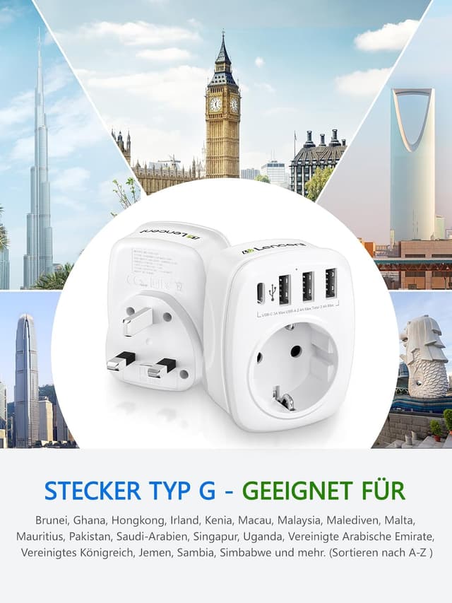 Detalle 2 de LENCENT Reiseadapter Typ G EU auf UK 5‑in‑1