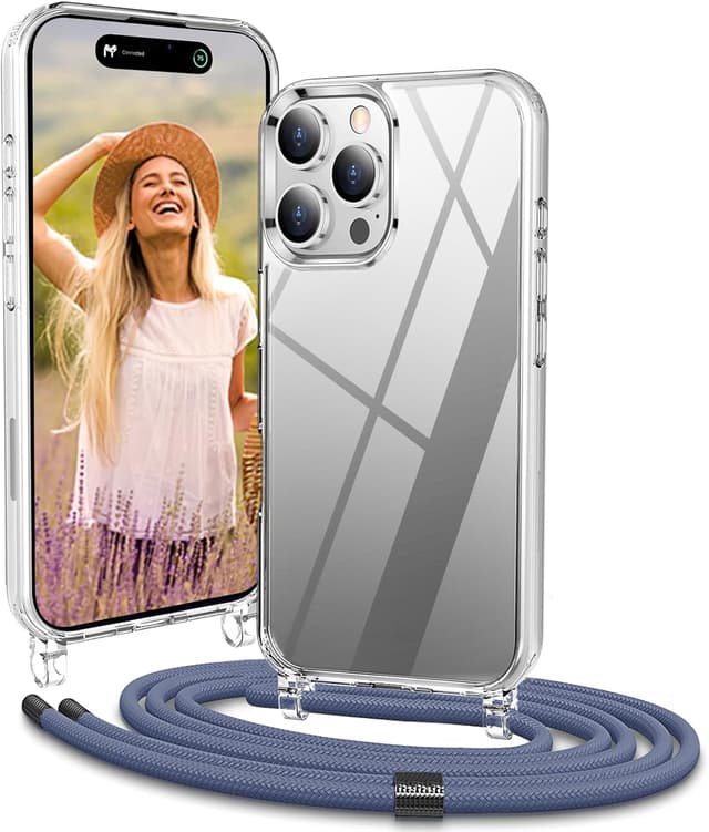 Detalle de Vaykwo Handykette mit Band für iPhone 16 Pro – transparente Necklace-Hülle mit Kameraschutz & Bildschirmschutz (blau)