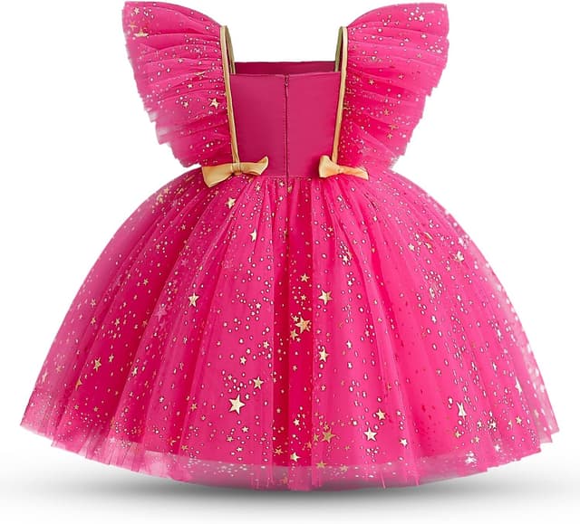 Detalle de NNJXD hot pink princess tutu dress with gold star sequins and satin bodice