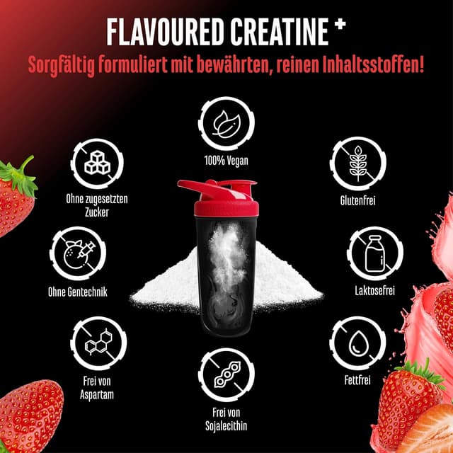 Detalle 2 de German Elite Nutrition Flavoured Creatine Pulver (Strawberry) – Creatin-Monohydrat mit L-Taurin, 550 g