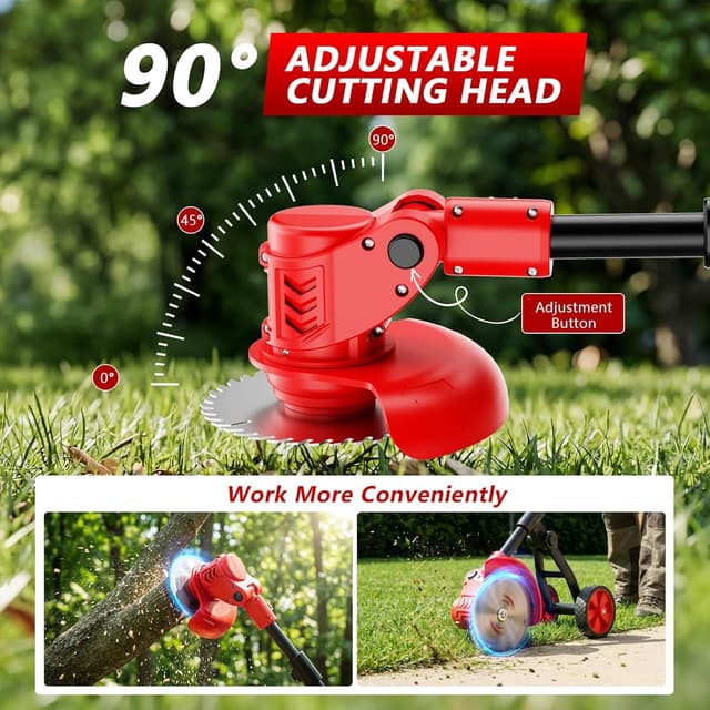 Detalle de Reffmov cordless grass strimmer with wheels and 2× 2.0 Ah batteries (21V) for edging and lawn mowing