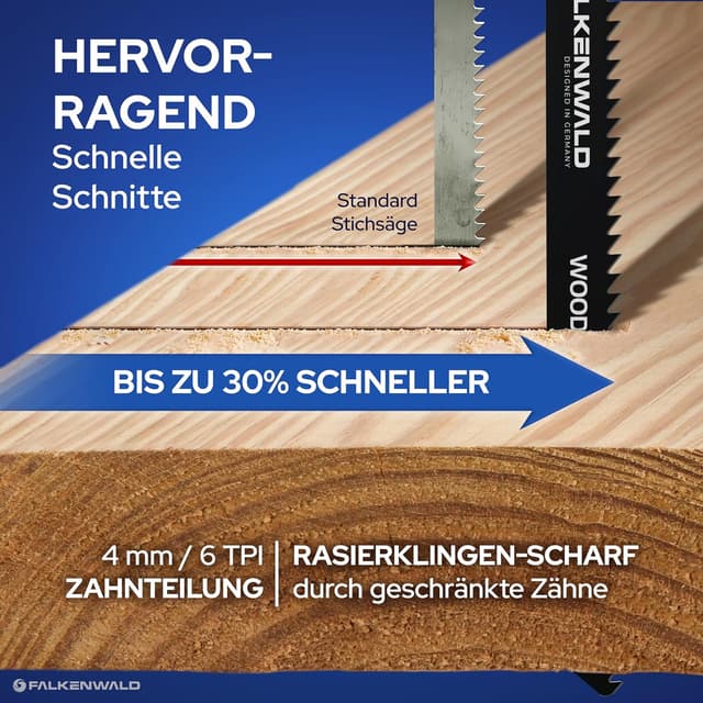 Detalle de FALKENWALD® Stichsägeblätter Holz T1044DP – extra lang (250 mm) bis 190 mm Schnitttiefe, 6 TPI, T-Schaft