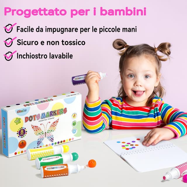 Detalle de Ohuhu pennarelli per bambini Bingo Marker con punta arrotondata, 8 colori super lavabili e libro attività (30 pagine) vuoto