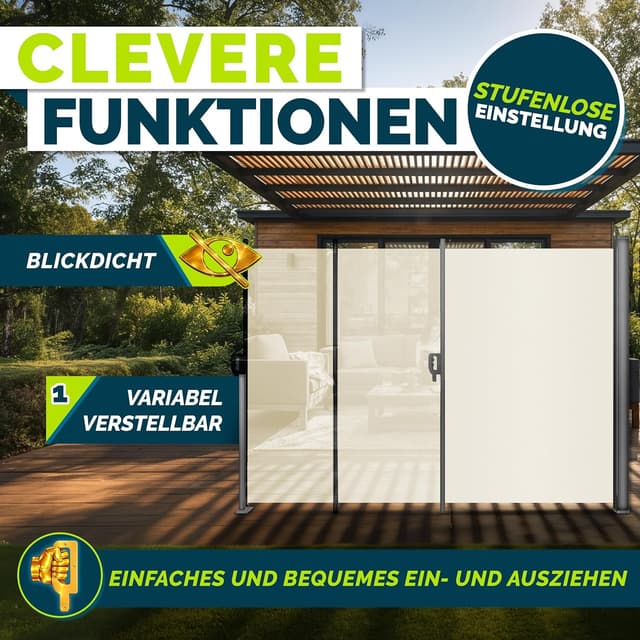 Detalle 2 de tillvex® Seitenmarkise 160 x 350 cm ausziehbar mit Blickschutz & Regencover