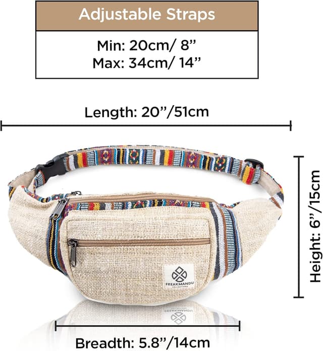 Detalle de Freakmandu Unisex Hanf Gürteltasche „Beatnik“ – verstellbare Fanny Pack zum Umhängen für Wandern, Laufen & Festival