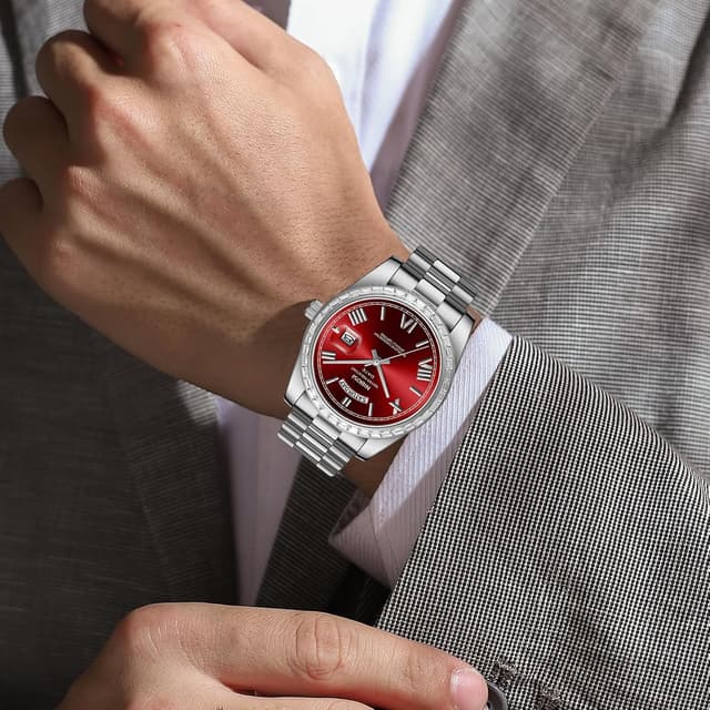 Detalle 2 de NIBOSI Men Analogue Quartz Watch with Day-Date and Diamond Bezel (Rose Gold/Silver) – Waterproof Business Dress Style