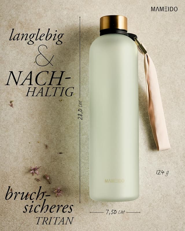 Detalle 1 de MAMEIDO Trinkflasche mit Zeitmarkierung (1 l), BPA-frei, für Kohlensäure geeignet – auslaufsicher