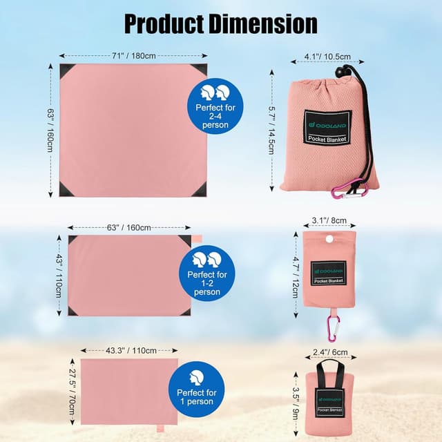 Detalle de Odoland Outdoor Pocket Travel Blanket Beach Mat (Waterproof, Sand Proof) – Picnic Blanket, Pink