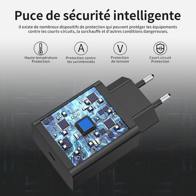 Detalle 2 de Chargeur USB-C 45 W BOLUX-JS avec Super Fast Charge 2.0 et câble USB-C 2 m (noir) pour Samsung Galaxy