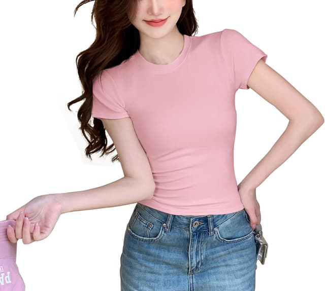 Detalle de JEROZIYANT women’s cropped basic T-shirt – slim fit round-neck short sleeve