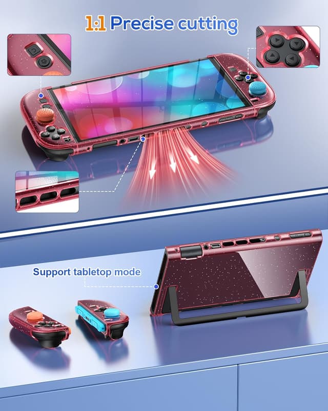 Detalle de FYOUNG Switch 2 Schutzhülle inkl. Displayschutzfolie & Thumb Grips (Zubehörset) – Glitzer Rosa