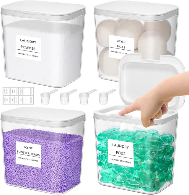 Detalle de Lifewit Wäsche Pods Behälter 4er-Set (2,73 l) mit Druckverschluss, Etiketten & Messlöffel