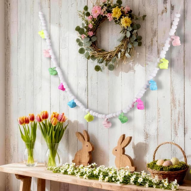 Detalle de BrilliantJo Pompons Girlande mit bunten Hasen (Osterdeko) – zum Aufhängen, ca. 1,8 m