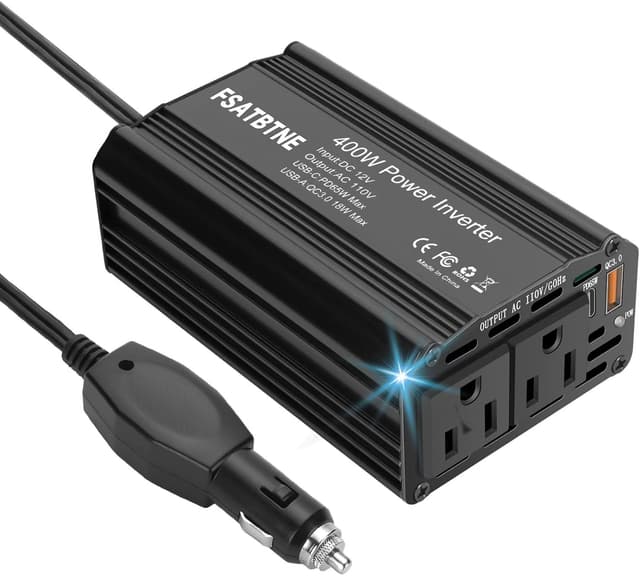 Detalle de FSATBTNE 400W Power Inverter (DC 12V to 110V AC) with 65W USB-C, 18W USB-A, and 2 AC Outlets